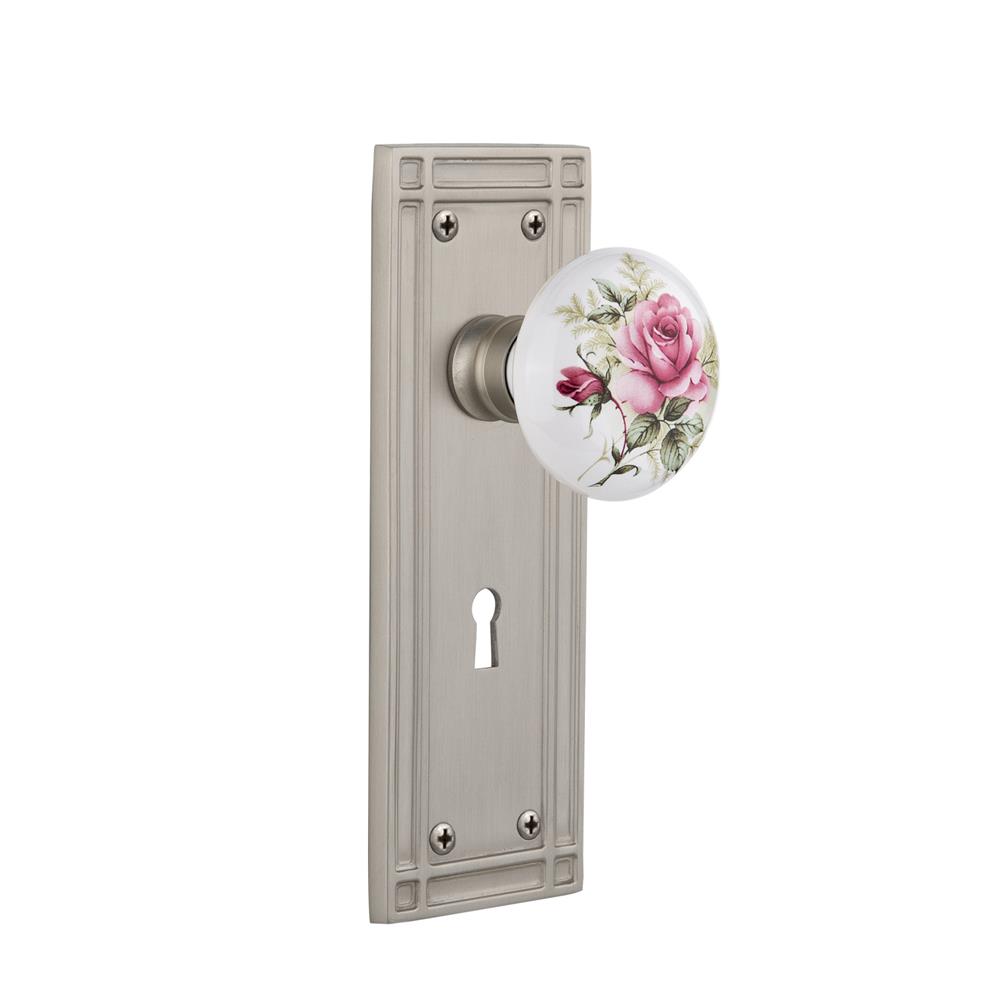 Nostalgic Warehouse MISROS Privacy Knob Mission Plate with White Rose Porcelain Knob and Keyhole in Satin Nickel